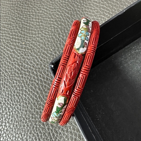 Vintage Cloisonné & Cinnabar Bangle Bracelet Bundle - Picture 2 of 5
